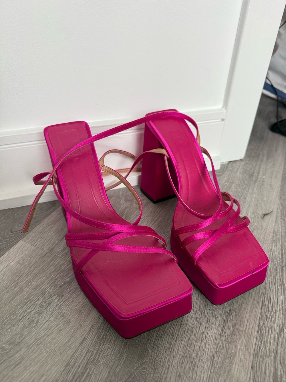 Zara Hot Pink Strappy Platform Block Heels